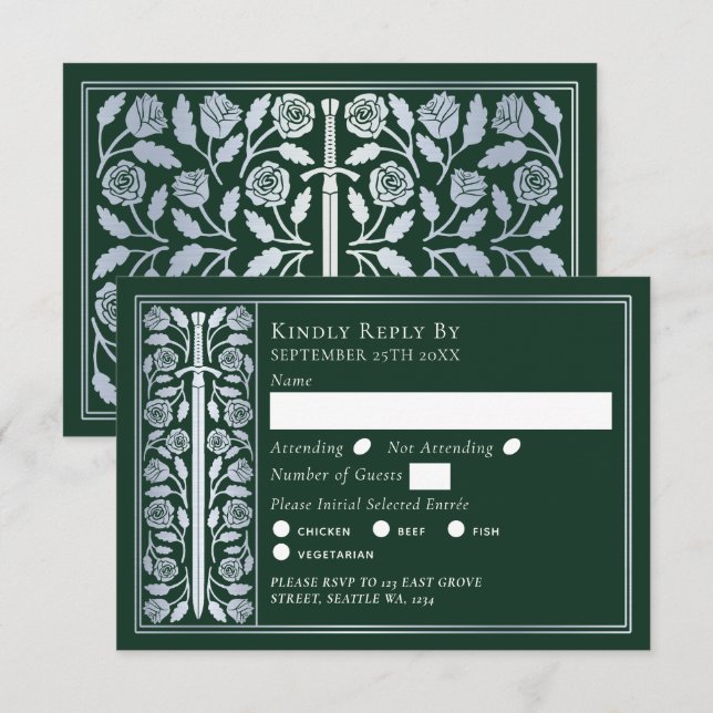 Silver Green Medieval Sword Wedding RSVP (Frente/Verso)
