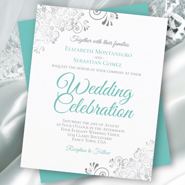 Silver Lace & Aqua BUDGET White Wedding Invitation (Criador carregado)