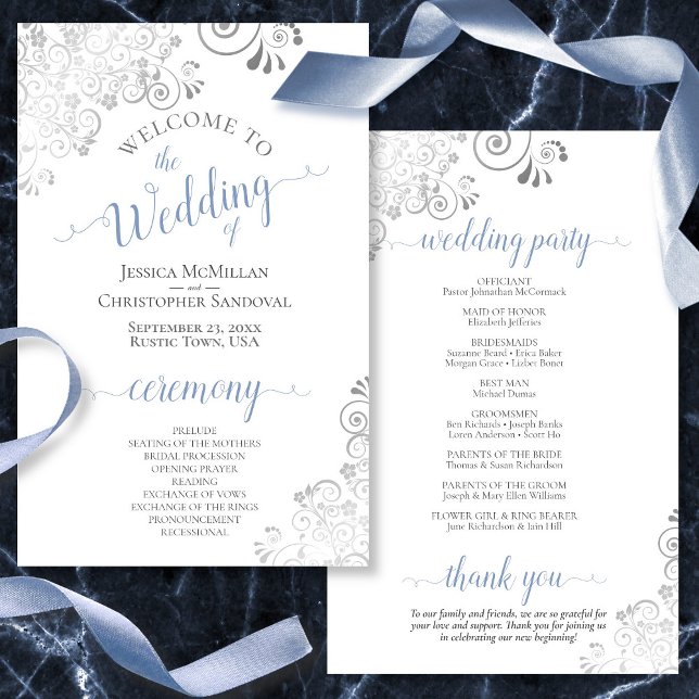 Silver Lace Blue on White Budget Wedding Program (Criador carregado)