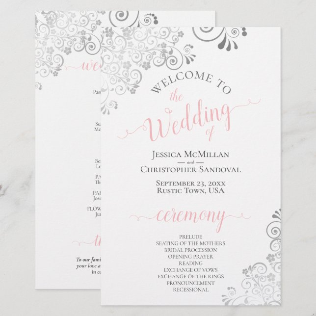 Silver Lace Pink sobre Programa de Casamento de Or (Frente/Verso)