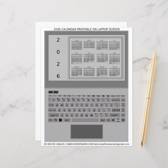 Silver Laptop Keys 2026 Calendar Black Paper Sheet (Frente/Verso In Situ)