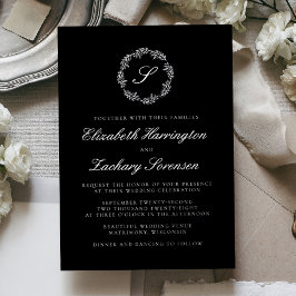 Silver Monogram Wreath Script Black Wedding