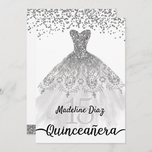 Silver Quinceanera Aniversário Convite Cumpleanos (Frente/Verso)