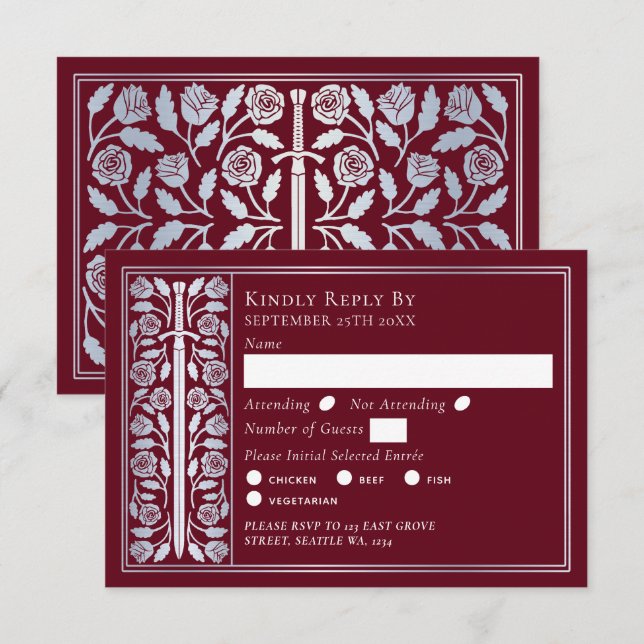Silver Red Medieval Sword Wedding RSVP (Frente/Verso)