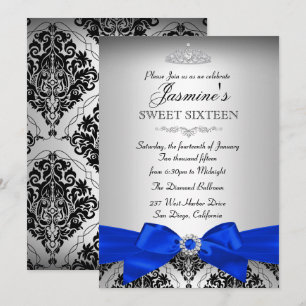 Silver & Royal Blue Damask Sweet 16 Convite
