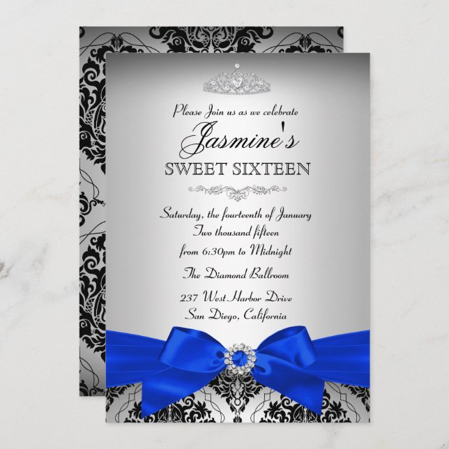 Silver & Royal Blue Damask Sweet 16 Convite (Frente/Verso)