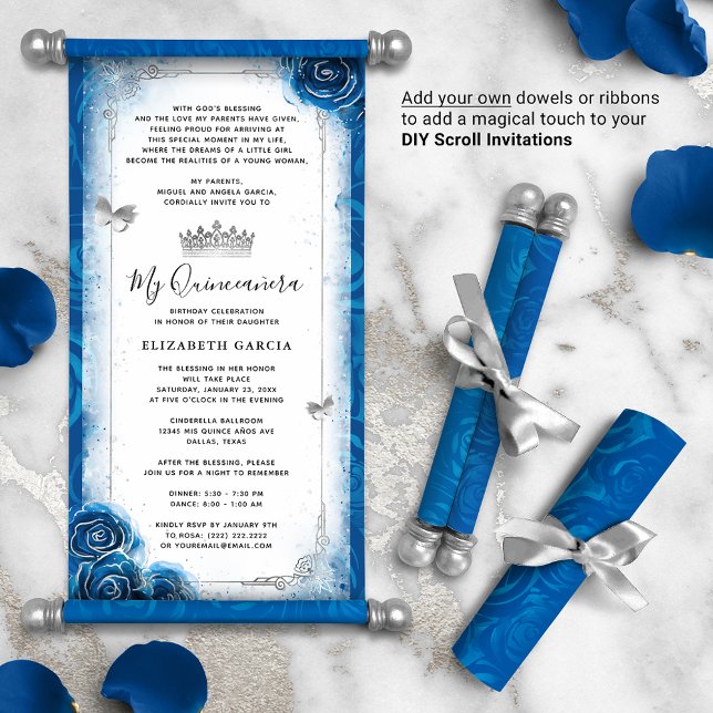 Silver Royal Blue Quince Faça Convites de Rolagem (DIY scrolls do not come with dowels. Add your own or roll up with a ribbon for an elegant touch!)