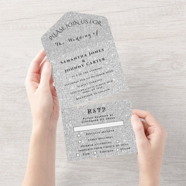 Silver Sparkle RSVP Elegante Modern Casamento Todo (Aba destacável)