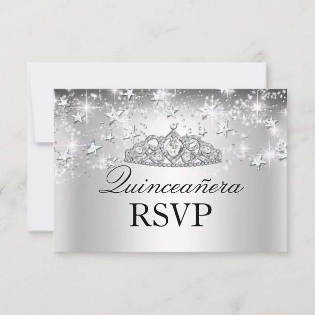 Silver Sparkle Tiara & Stars Quinceanera RSVP (Frente)