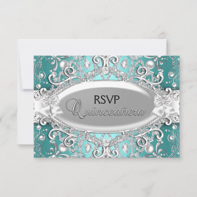 Silver Teal Damask Pearl Quinceanera RSVP (Frente)