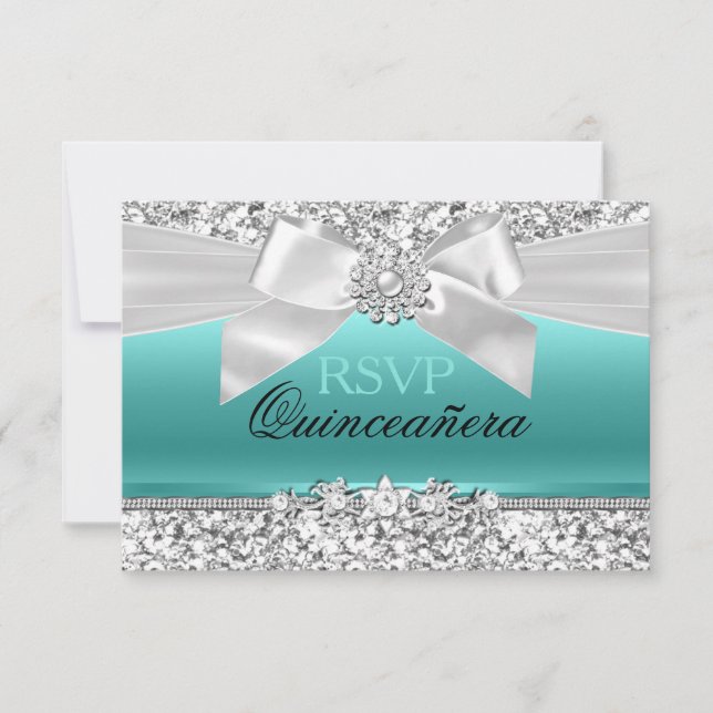 Silver Teal Glitter & Jewel Arco Quinceanera RSVP (Frente)