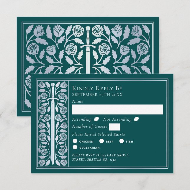 Silver Teal Medieval Sword Wedding RSVP (Frente/Verso)