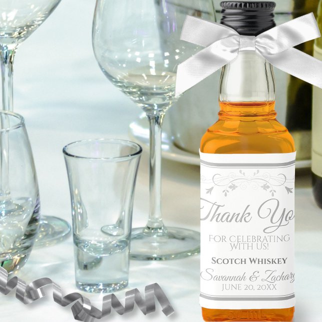 Silver Wedding Mini Liquor Bottle Label Thank You (In Situ with Ribbon & Bow)