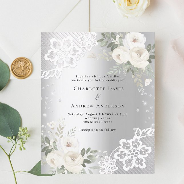 Silver White florals - convite para o casamento (Criador carregado)
