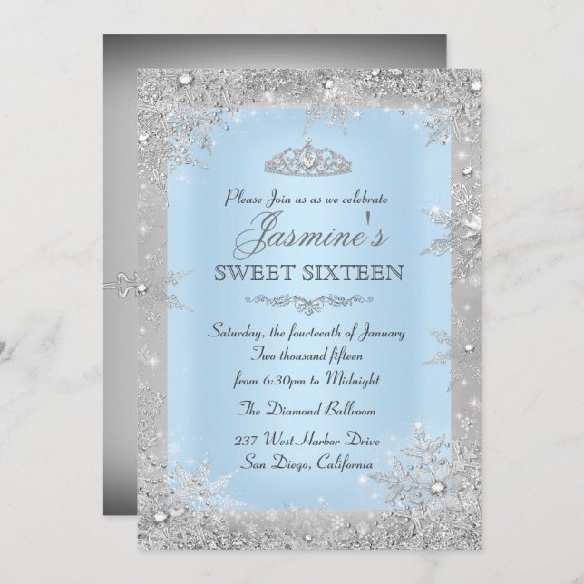Silver Winter Wonderland Blue Sweet 16 Convite (Frente/Verso)