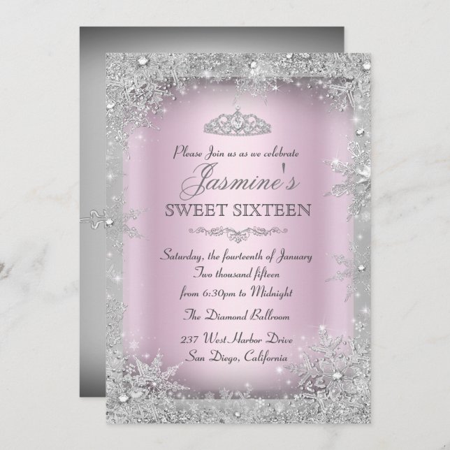 Silver Winter Wonderland Pink Sweet 16 Convite (Frente/Verso)