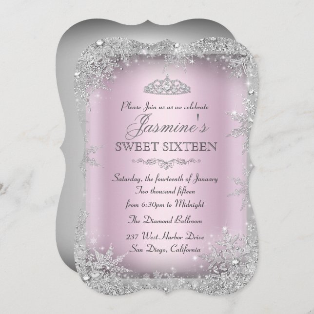 Silver Winter Wonderland Pink Sweet 16 Convite 2 (Frente/Verso)