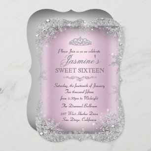 Silver Winter Wonderland Pink Sweet 16 Convite 2