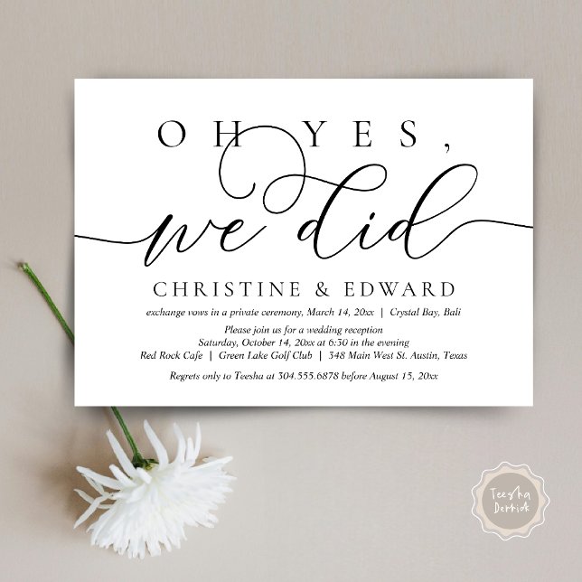 Sim, Fizemos, Convite De Elopemento De Casamento (Oh Yes, We Did, Wedding Elopement Dinner Invitation Card, PDF, Modern Romantic, in Black and White)