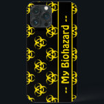 Símbolo de risco biológico Capa de telefone com te<br><div class="desc">Capa de telefone de célula preta com padrão amarelo brilhante de símbolo de risco biológico e campo de texto personalizável. Personalizar com um nome ou outro texto ou símbolos de texto.</div>