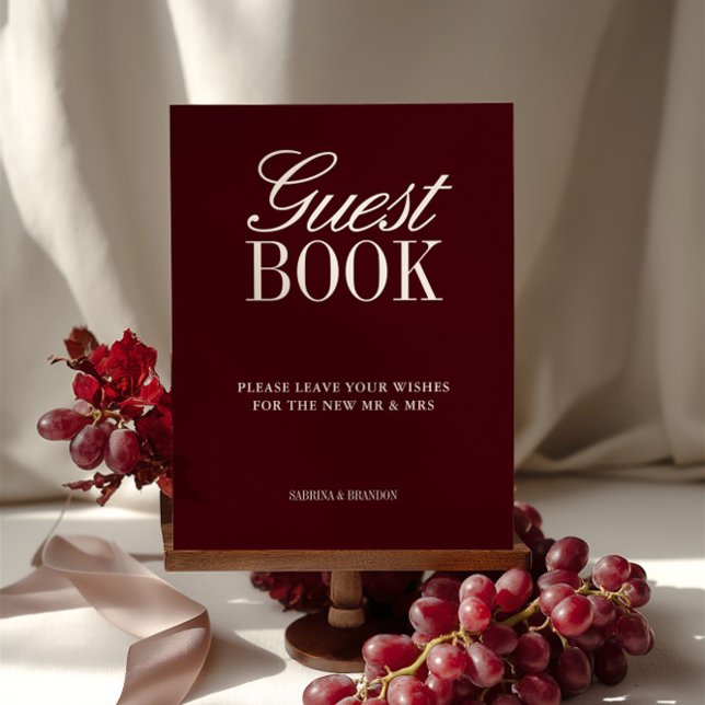 Símbolo de Tabletop de Casamento do Livro Guest El (Elegant Burgundy Guest Book Wedding Tabletop Sign)