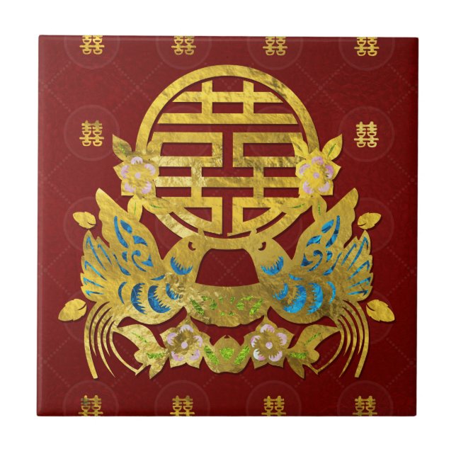 Símbolo dobro Dourado da felicidade com pássaros (Frente)