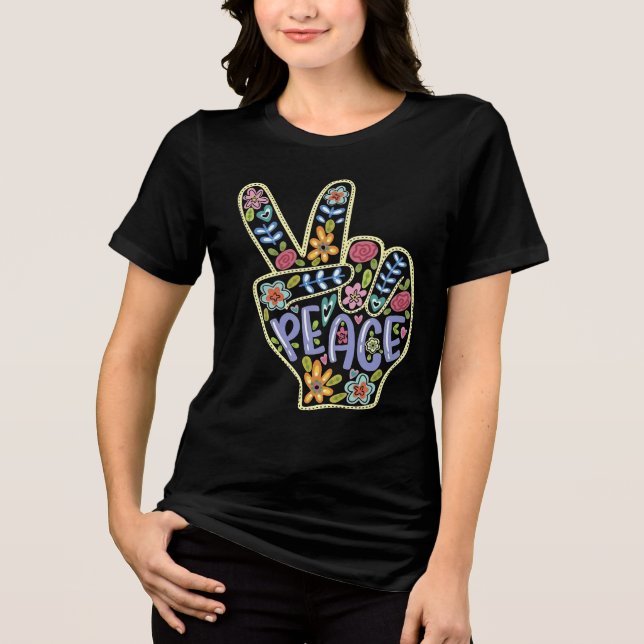 Símbolo Floral de Mão de Paz T-Shirt - Hippie S Co (Frente)