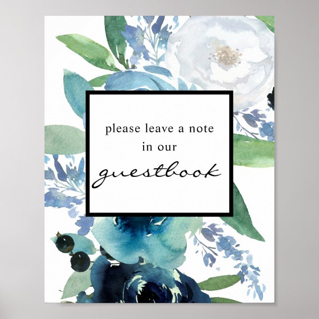 Símbolo Guestbook Dusty Blue Floral 2 Poster (Frente)