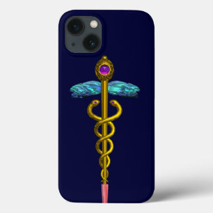 SÍMBOLO MÉDICO do CADUCEUS DOURADO, azul