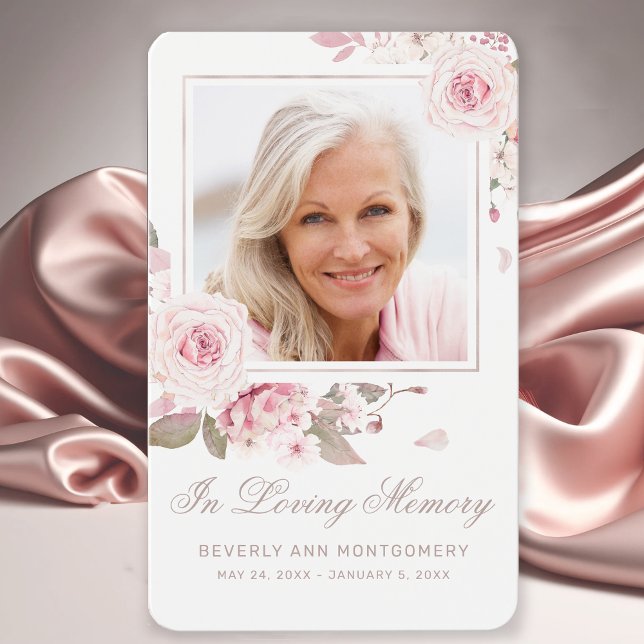 Simpatia Elegante Rosa Rosa Rosa Cruz Cartão de Or (Elegant Pink Roses Photo Funeral Card with Prayer.)