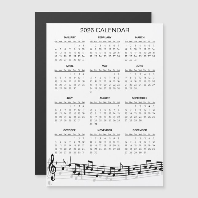 Simple 2026 Calendar with Musical Notes | Magnet (Frente/Verso)