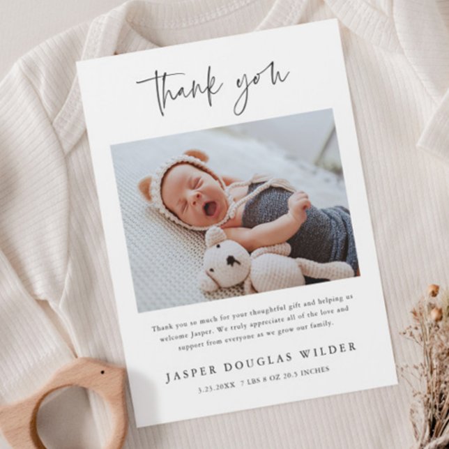Simple Baby Photo Birth Stats Thank You Card (Simple modern script baby photo thank you card announcements.)
