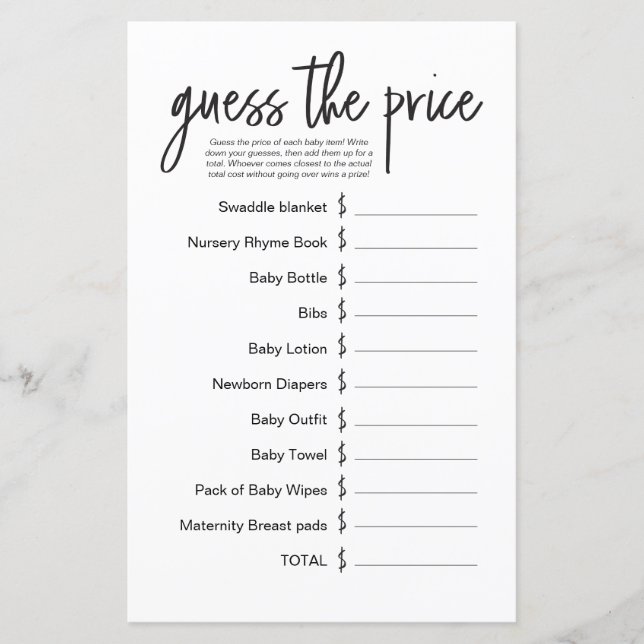 Simple Baby Shower Game Guess the Price  (Frente)