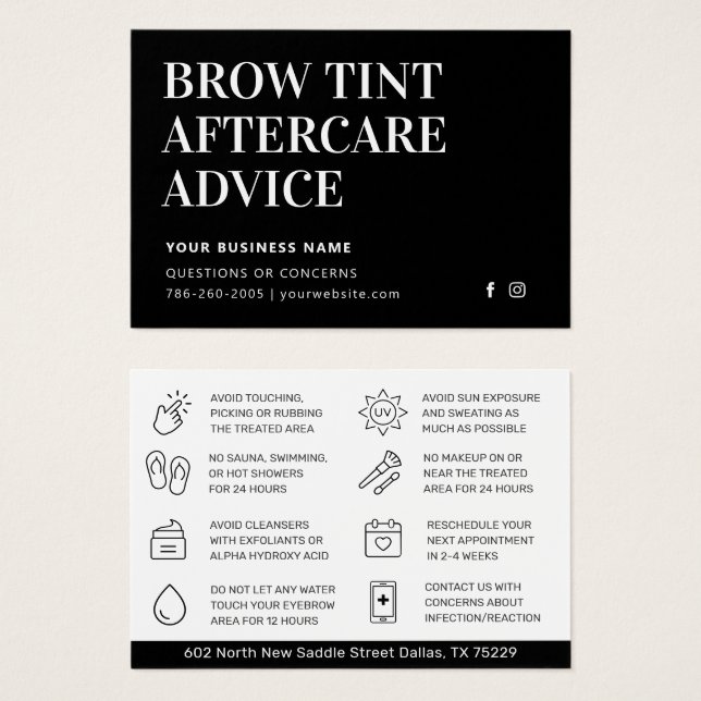 Simple Black Brow Tint Aftercare Instructions Card (Frente & Verso)