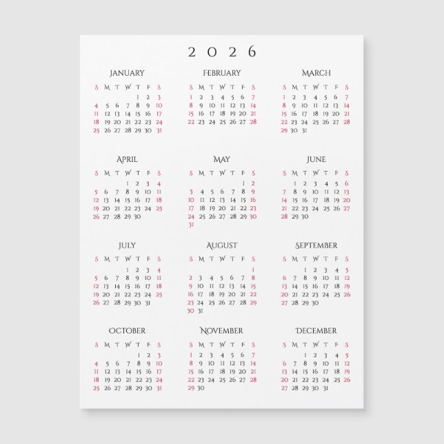 Simple Black White 2026 New Year Magnetic Calendar (Frente)