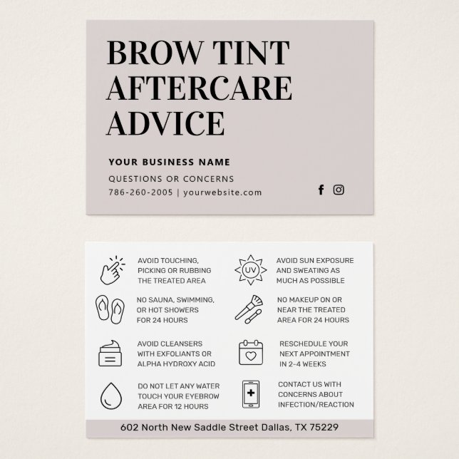 Simple Brow Tint Aftercare Instructions Card (Frente & Verso)