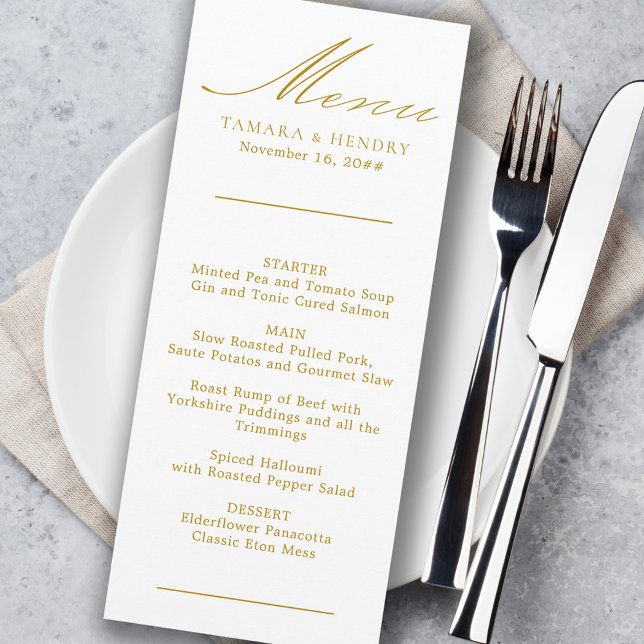Simple Calligraphy Gold and White Wedding Menu (Criador carregado)
