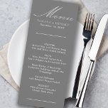 Simple Calligraphy Grey Wedding Menu<br><div class="desc">Custom wedding menu card. Simple classic and elegant design in grey to coordinate with your wedding colors (please browse my store for alternative colors or click "customize further" and change the background color to suit). The template is ready for you to add the bride and groom names, wedding date and...</div>