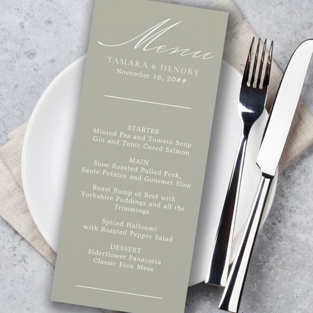 Simple Calligraphy Sage Green Wedding Menu (Criador carregado)