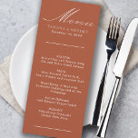 Simple Calligraphy Terracotta Wedding Menu<br><div class="desc">Custom wedding menu card. Simple classic and elegant design in terracotta to coordinate with your wedding colors (please browse my store for alternative colors or click "customize further" and change the background color to suit). The template is ready for you to add the bride and groom names, wedding date and...</div>