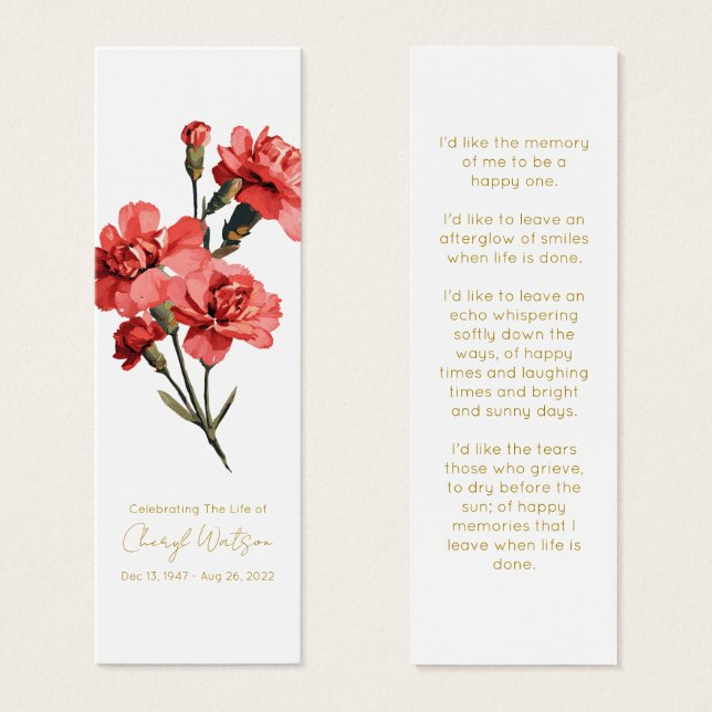 Simple Carnation Funeral Memorial Bookmark (Frente & Verso)