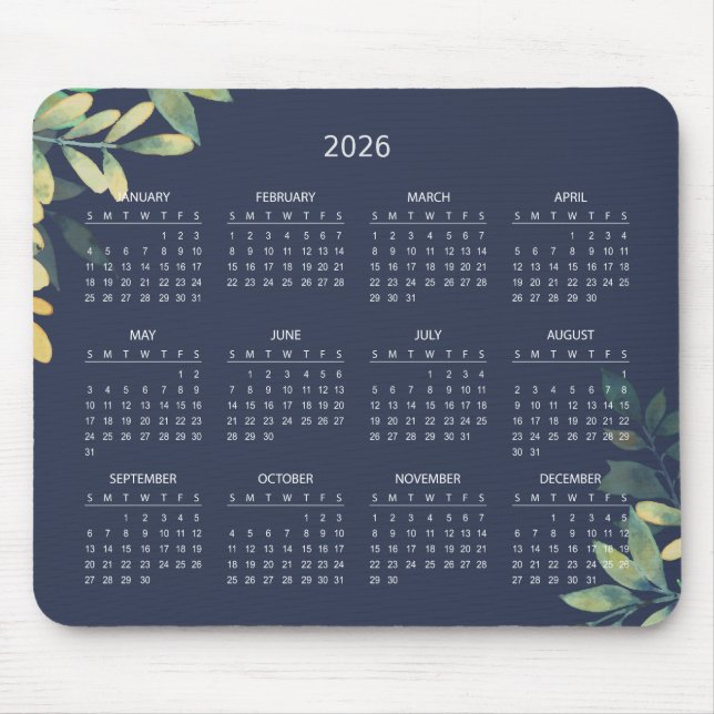 Simple Elegant Botanical 2026 Calendar | Mousepad (Frente)