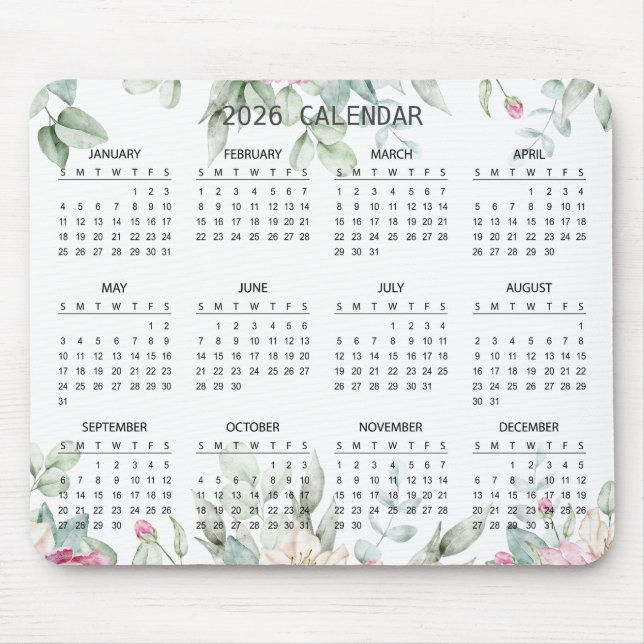 Simple Elegant Botanical 2026 Calendar | Mousepad (Frente)