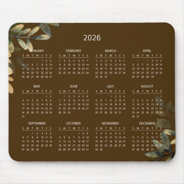 Simple Elegant Botanical 2026 Calendar | Mousepad (Frente)
