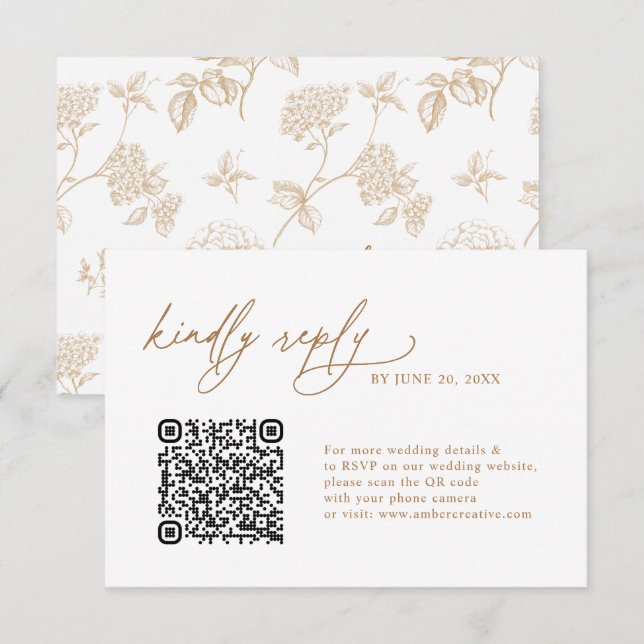 Simple Gold Floral QR code Wedding RSVP Cards (Frente/Verso)