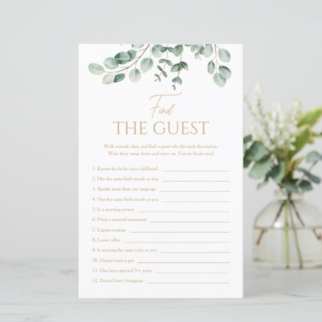 Simple Greenery Find The Guest Bridal Shower Game (Em pé/Frente)