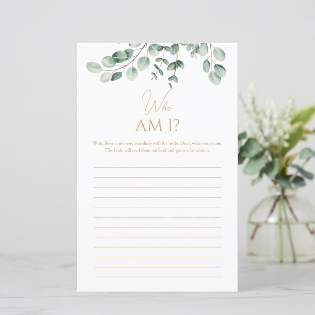 Simple Greenery Who Am I Bridal Shower Game (Em pé/Frente)