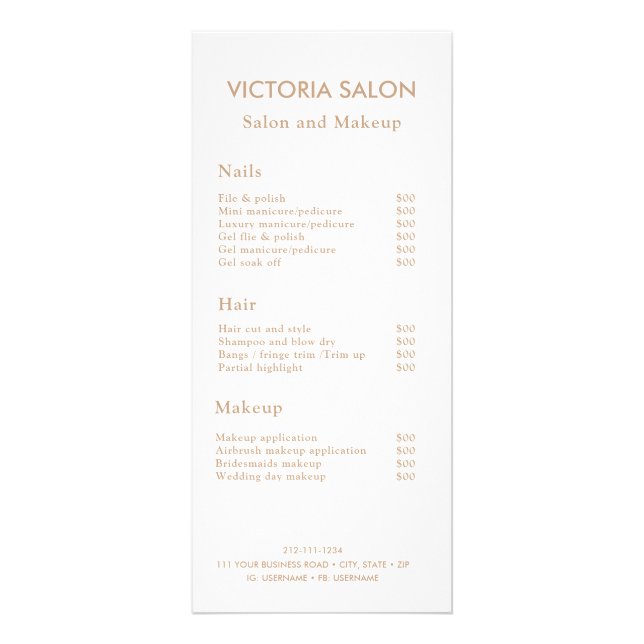 Simple Modern Chic Unique White Salon Service Menu (Frente)