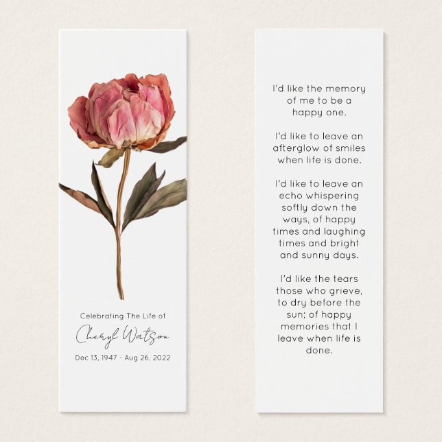 Simple Peony Funeral Memorial Bookmark (Frente & Verso)