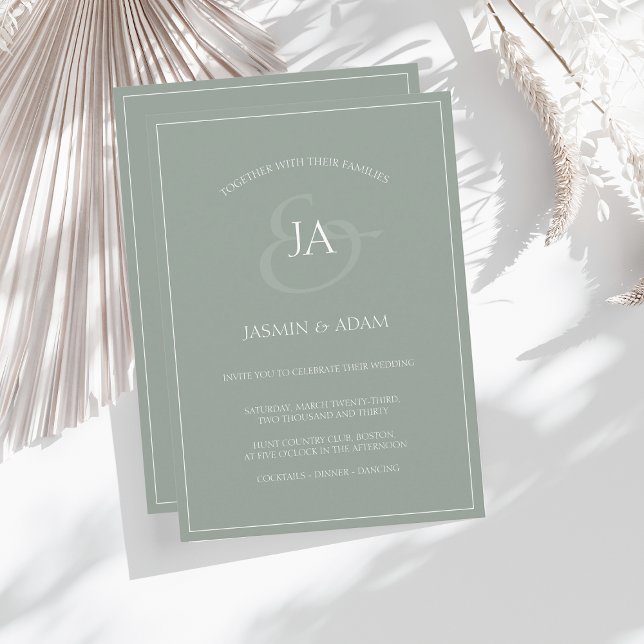 Simple Sage Green Monogramas Convite para Casament (Criador carregado)